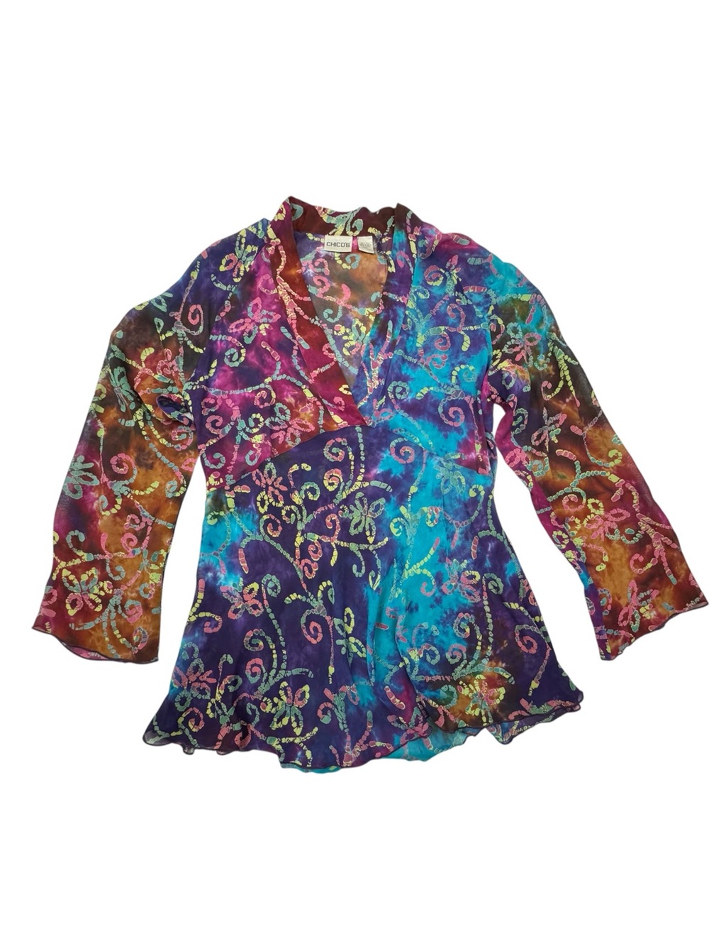 Chicos Vintage Tie Dye abstract 100% Silk blouse sz 1 or M